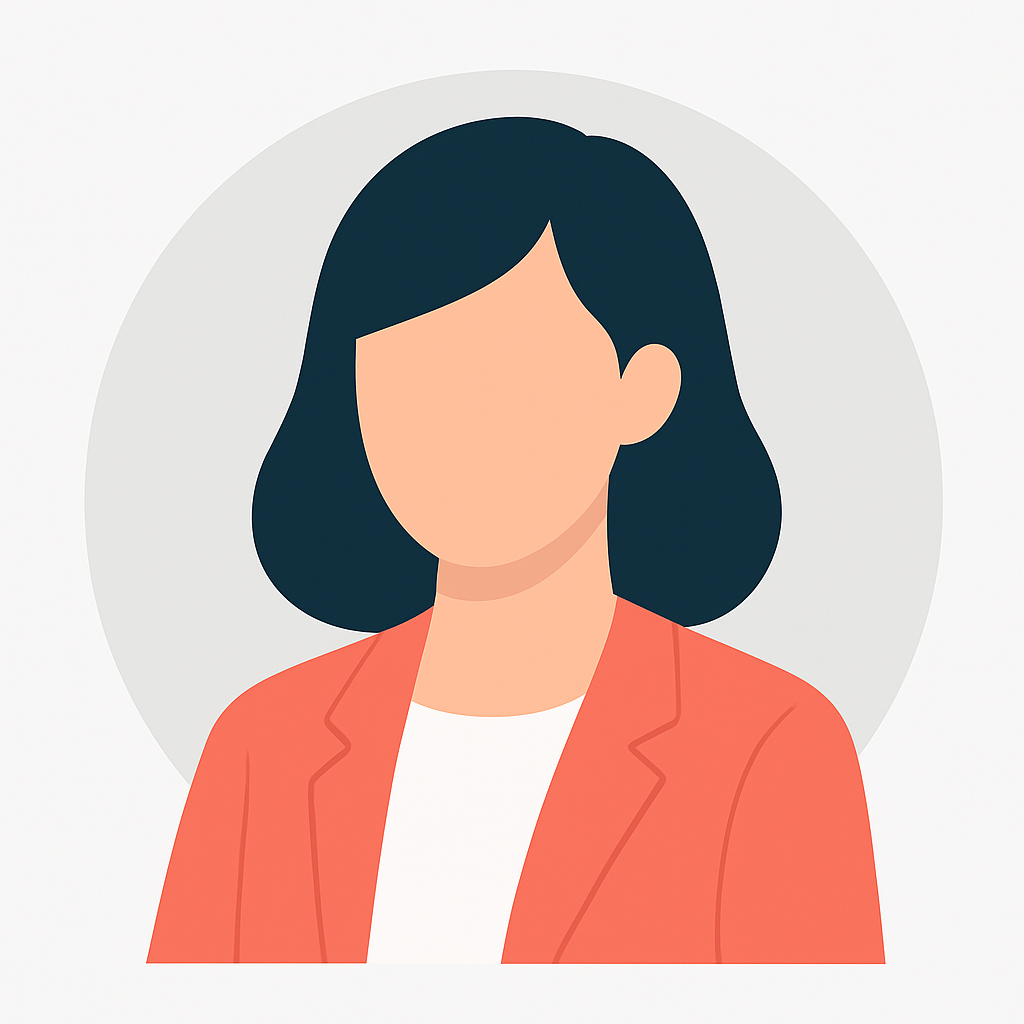 Eine Frau mit mittellangem dunklem Haar und korallenrotem Blazer ohne Gesichtszüge